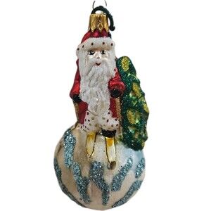 Santa Skis on Globe With Christmas Tree On Shoulder Vintage Christmas Ornament
